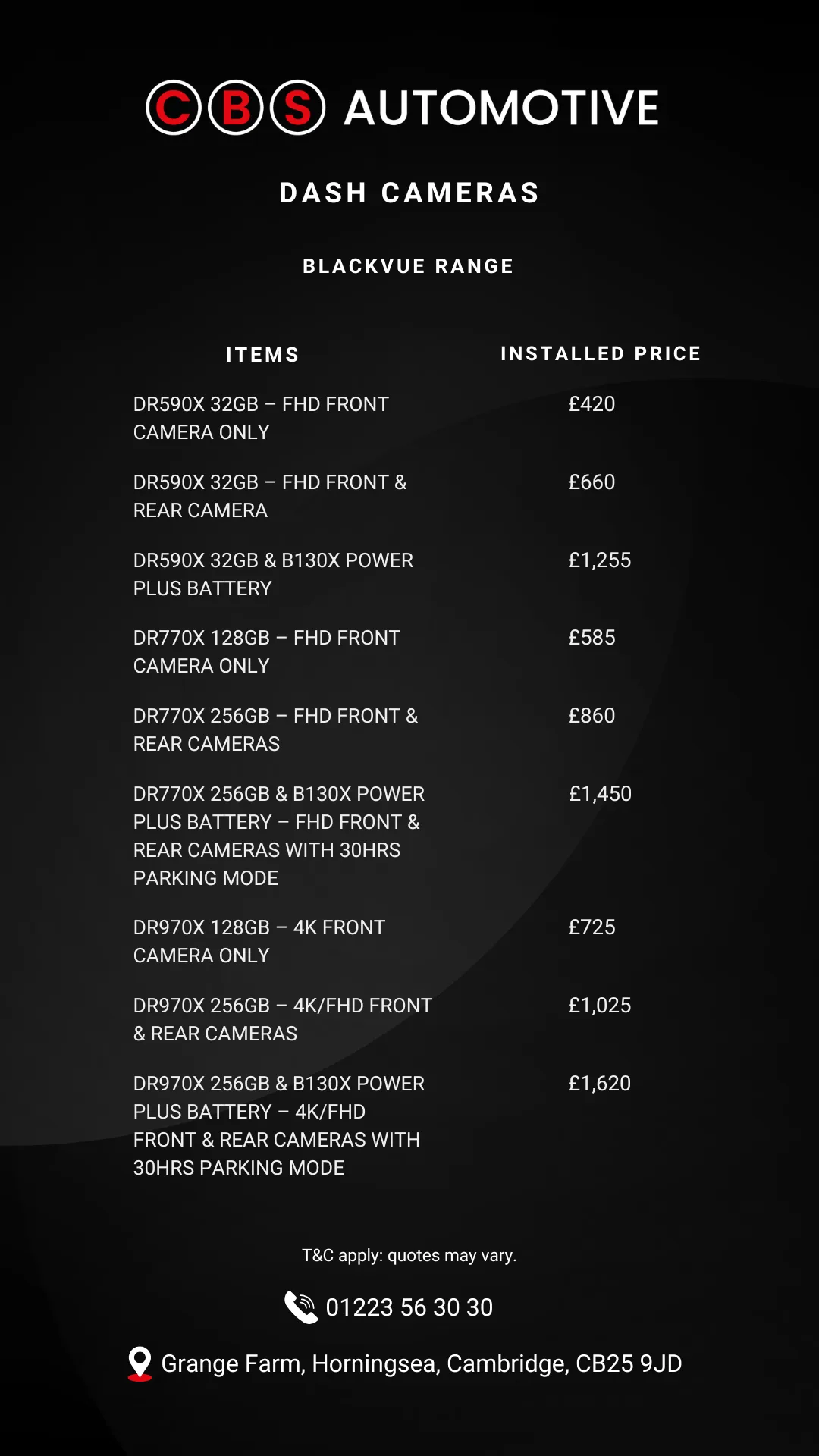 BlackVue dash cam installation pricing in Cambridge including front and rear dashcam systems with parking mode battery options