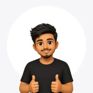 Cartoon avatar of a man with dark hair and a black T-shirt giving two thumbs up against a light circle background.
