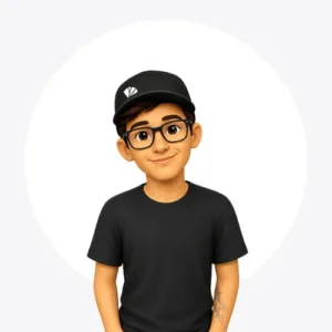 Smiling cartoon avatar of a young person wearing a black cap, black shirt, and glasses against a light background.