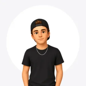 Cartoon avatar of a young man wearing a black t-shirt and backward baseball cap, facing forward.