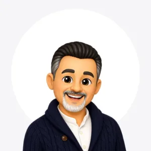 Friendly illustrated profile avatar of a smiling middle-aged man with salt-and-pepper hair and beard wearing a navy cardigan.