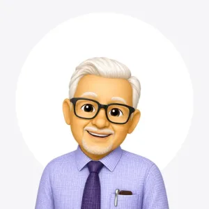 Cartoon avatar of a smiling elderly man with white hair and glasses, wearing a purple shirt and tie, with a pen in his pocket.