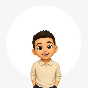 Smiling 3D avatar of a boy with dark hair in a beige pullover, hands in pockets, standing in front of a white circle background.