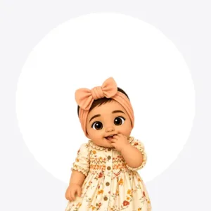 Cartoon baby girl with peach headband and floral dress, touching her mouth.