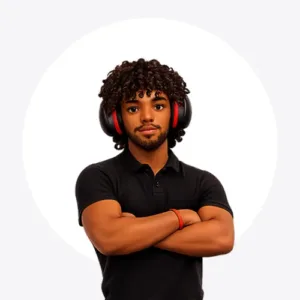 Young man with curly hair wearing a black polo and red headphones, arms crossed and facing the camera.